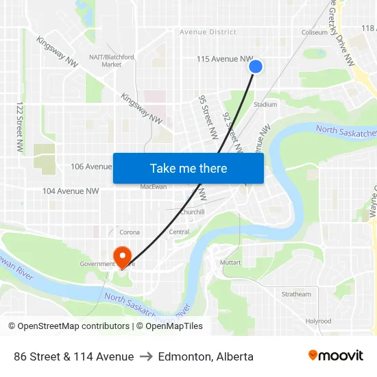 86 Street & 114 Avenue to Edmonton, Alberta map