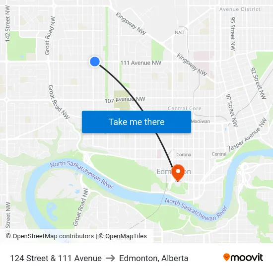 124 Street & 111 Avenue to Edmonton, Alberta map