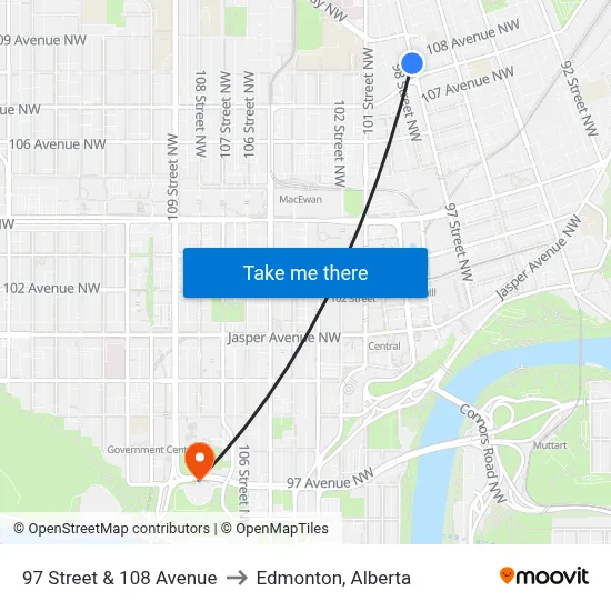 97 Street & 108 Avenue to Edmonton, Alberta map