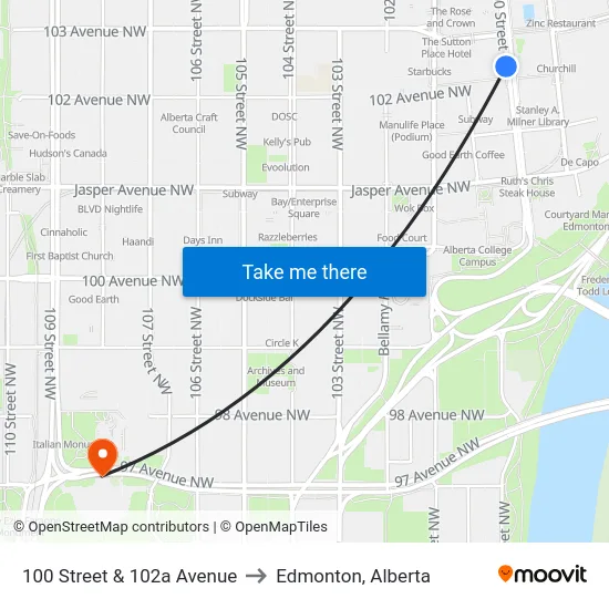 100 Street & 102a Avenue to Edmonton, Alberta map