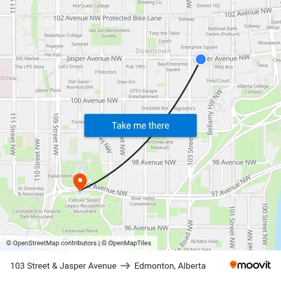 103 Street & Jasper Avenue to Edmonton, Alberta map