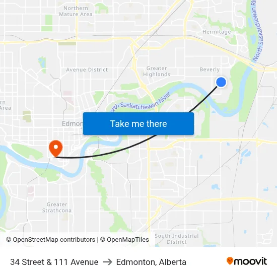 34 Street & 111 Avenue to Edmonton, Alberta map