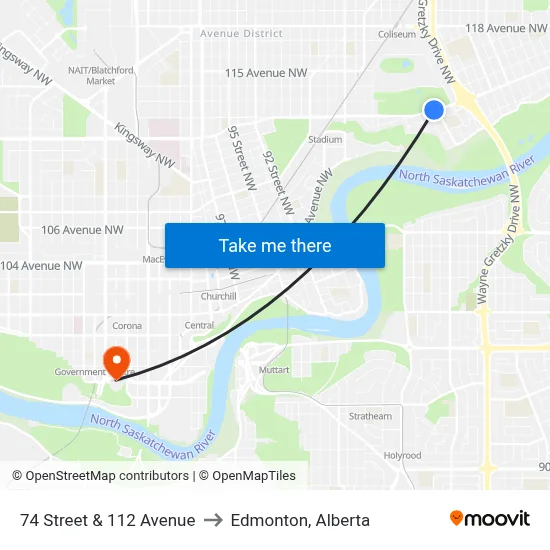 74 Street & 112 Avenue to Edmonton, Alberta map