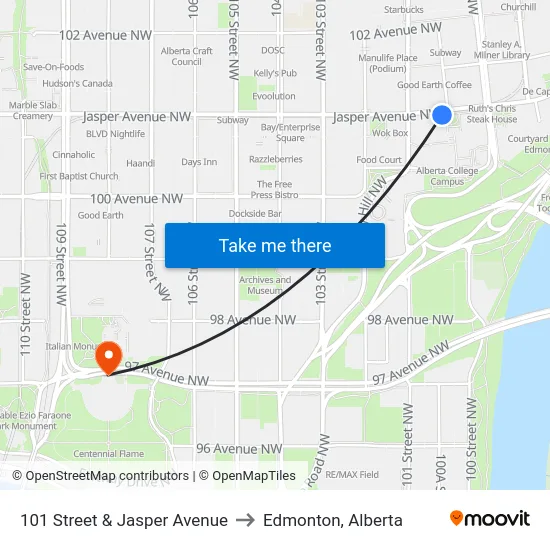 101 Street & Jasper Avenue to Edmonton, Alberta map