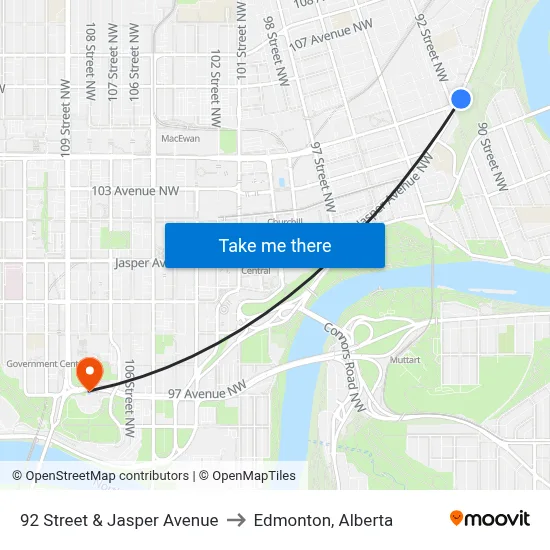 92 Street & Jasper Avenue to Edmonton, Alberta map