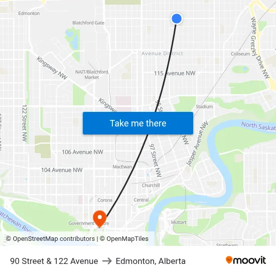 90 Street & 122 Avenue to Edmonton, Alberta map