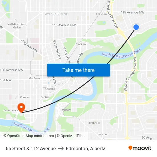 65 Street & 112 Avenue to Edmonton, Alberta map