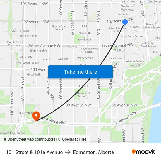 101 Street & 101a Avenue to Edmonton, Alberta map