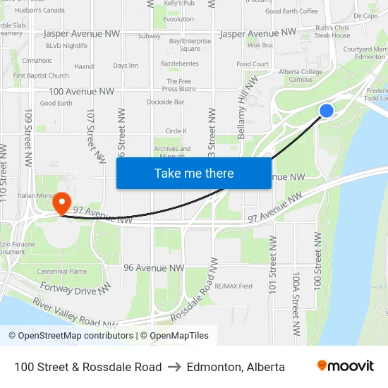 100 Street & Rossdale Road to Edmonton, Alberta map