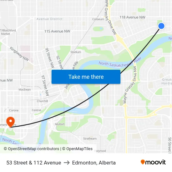 53 Street & 112 Avenue to Edmonton, Alberta map
