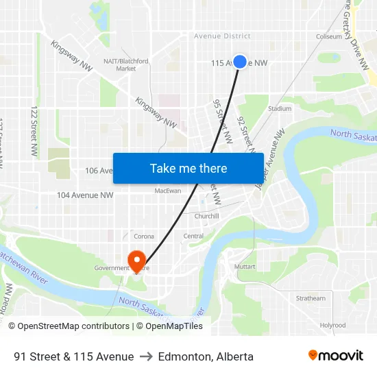 91 Street & 115 Avenue to Edmonton, Alberta map