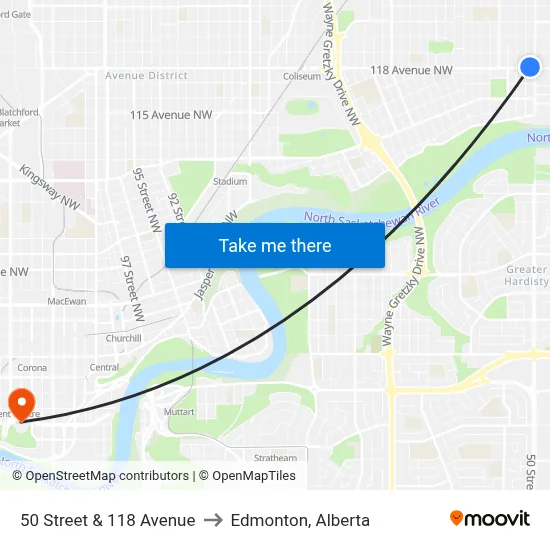 50 Street & 118 Avenue to Edmonton, Alberta map