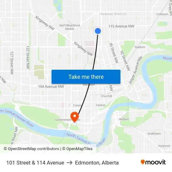 101 Street & 114 Avenue to Edmonton, Alberta map
