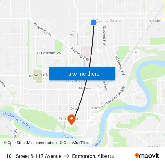 101 Street & 117 Avenue to Edmonton, Alberta map