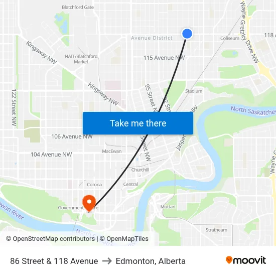 86 Street & 118 Avenue to Edmonton, Alberta map