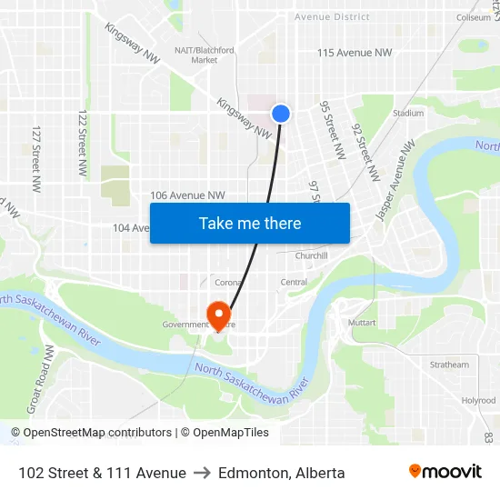 102 Street & 111 Avenue to Edmonton, Alberta map