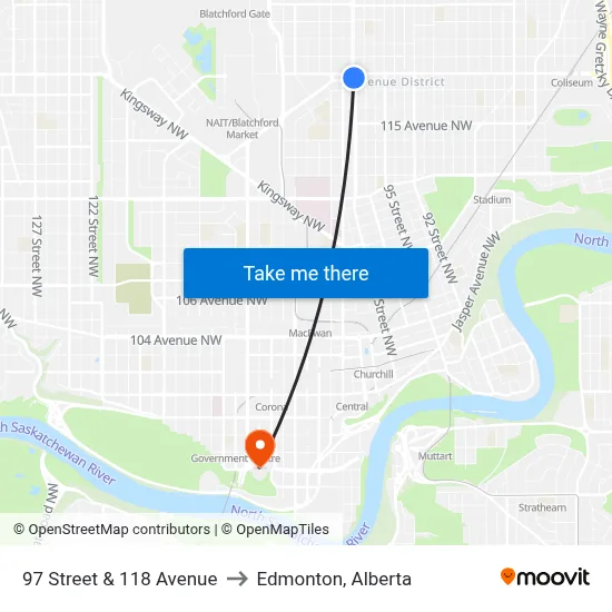 97 Street & 118 Avenue to Edmonton, Alberta map