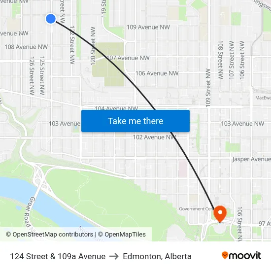 124 Street & 109a Avenue to Edmonton, Alberta map