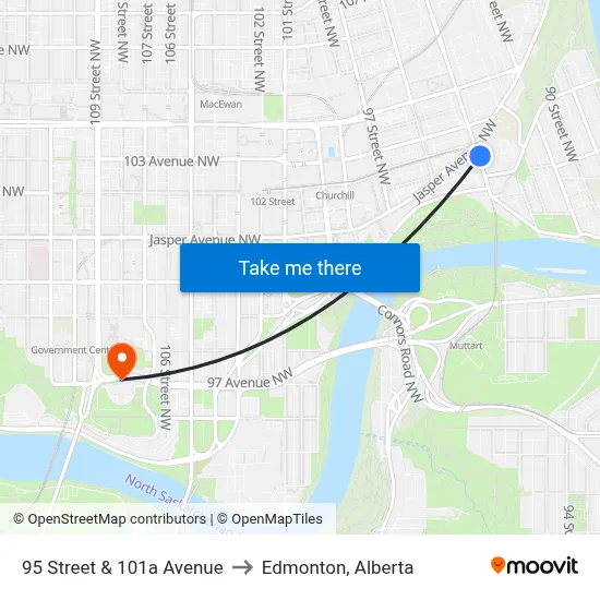 95 Street & 101a Avenue to Edmonton, Alberta map