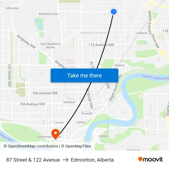 87 Street & 122 Avenue to Edmonton, Alberta map