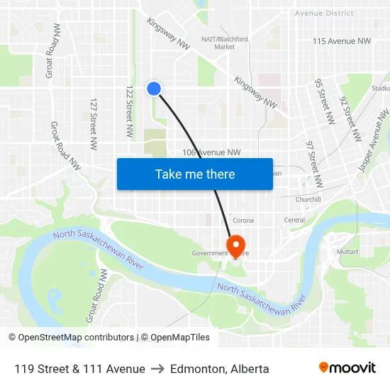 119 Street & 111 Avenue to Edmonton, Alberta map