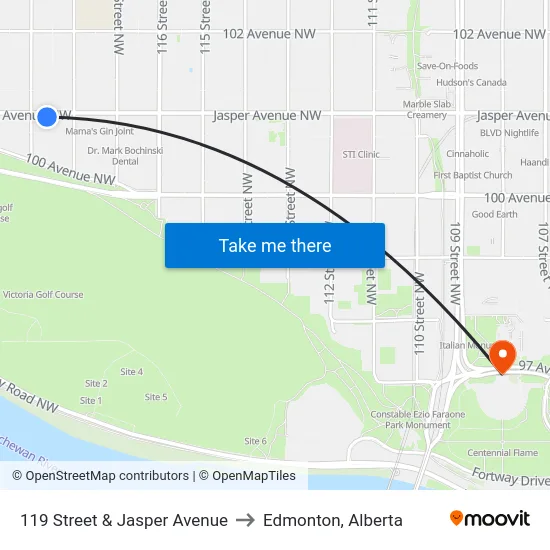 119 Street & Jasper Avenue to Edmonton, Alberta map