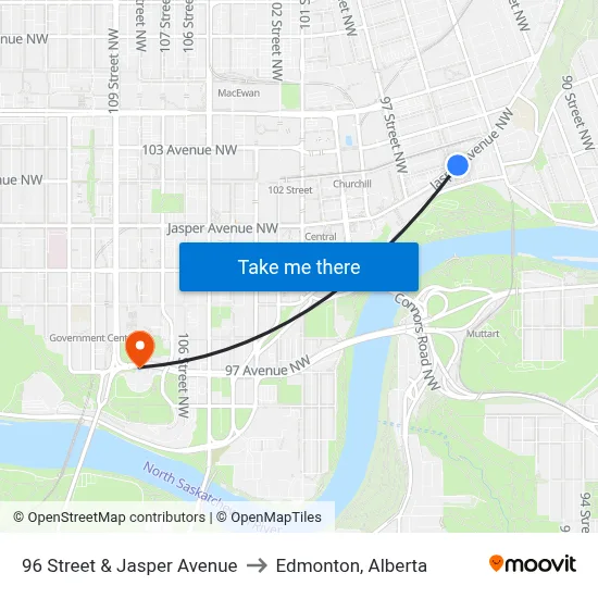 96 Street & Jasper Avenue to Edmonton, Alberta map