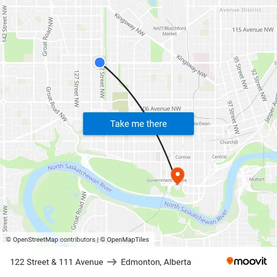 122 Street & 111 Avenue to Edmonton, Alberta map