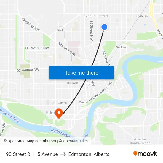 90 Street & 115 Avenue to Edmonton, Alberta map