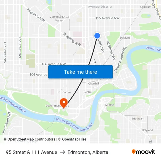 95 Street & 111 Avenue to Edmonton, Alberta map