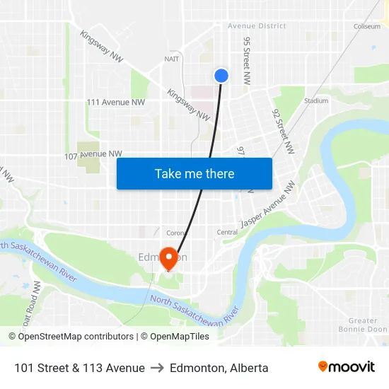101 Street & 113 Avenue to Edmonton, Alberta map