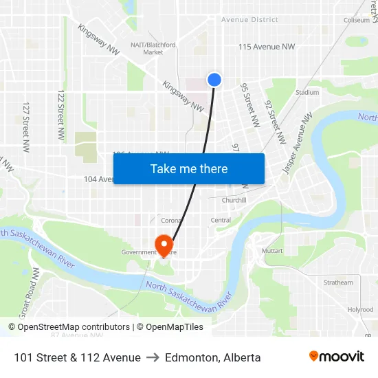 101 Street & 112 Avenue to Edmonton, Alberta map