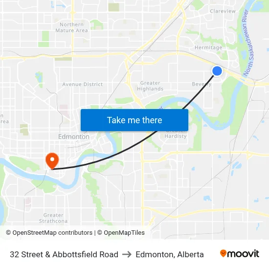 32 Street & Abbottsfield Road to Edmonton, Alberta map
