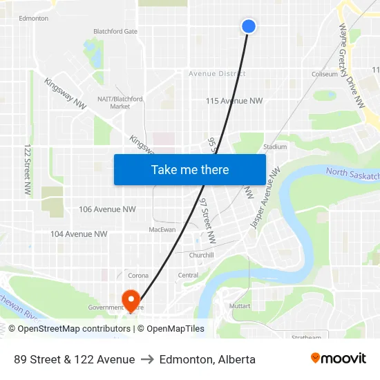 89 Street & 122 Avenue to Edmonton, Alberta map