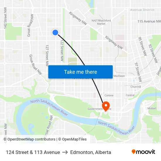 124 Street & 113 Avenue to Edmonton, Alberta map