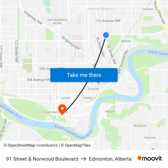 91 Street & Norwood Boulevard to Edmonton, Alberta map