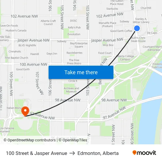 100 Street & Jasper Avenue to Edmonton, Alberta map