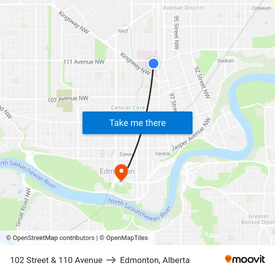102 Street & 110 Avenue to Edmonton, Alberta map