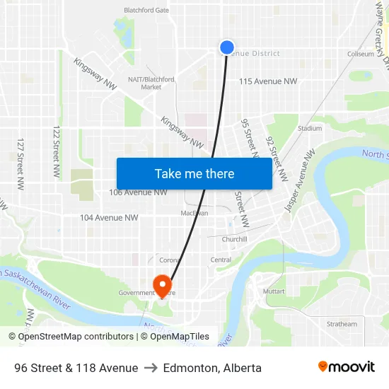 96 Street & 118 Avenue to Edmonton, Alberta map