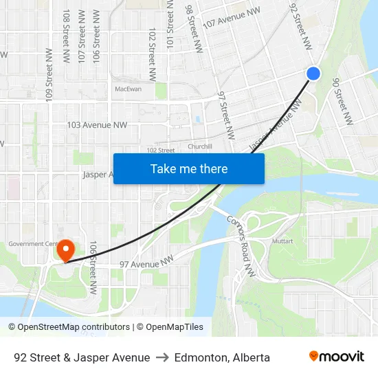 92 Street & Jasper Avenue to Edmonton, Alberta map