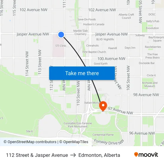 112 Street & Jasper Avenue to Edmonton, Alberta map