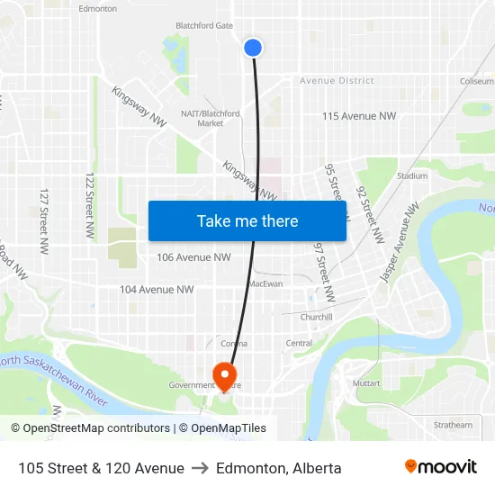 105 Street & 120 Avenue to Edmonton, Alberta map