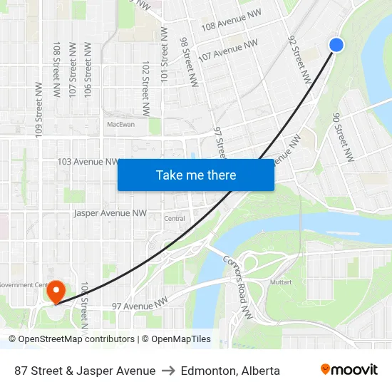 87 Street & Jasper Avenue to Edmonton, Alberta map