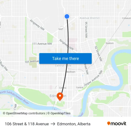 106 Street & 118 Avenue to Edmonton, Alberta map