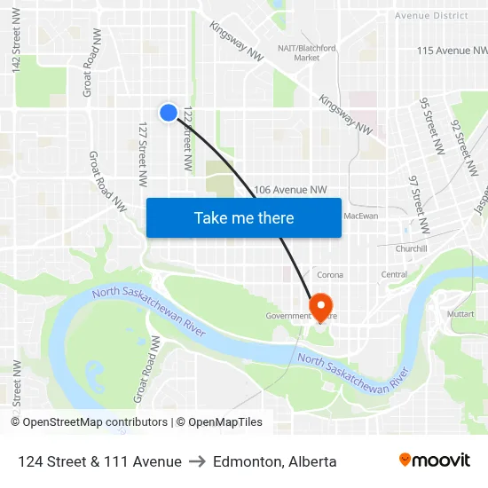 124 Street & 111 Avenue to Edmonton, Alberta map