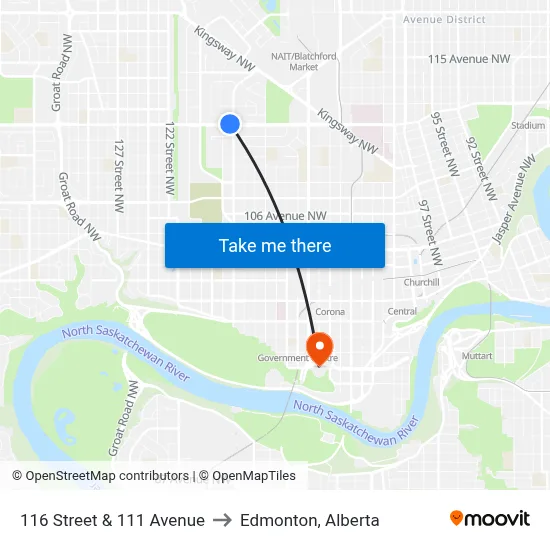 116 Street & 111 Avenue to Edmonton, Alberta map