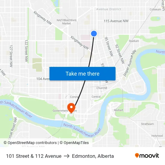 101 Street & 112 Avenue to Edmonton, Alberta map