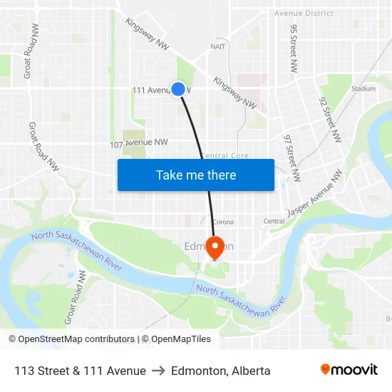 113 Street & 111 Avenue to Edmonton, Alberta map