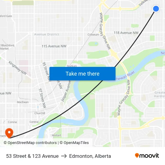 53 Street & 123 Avenue to Edmonton, Alberta map