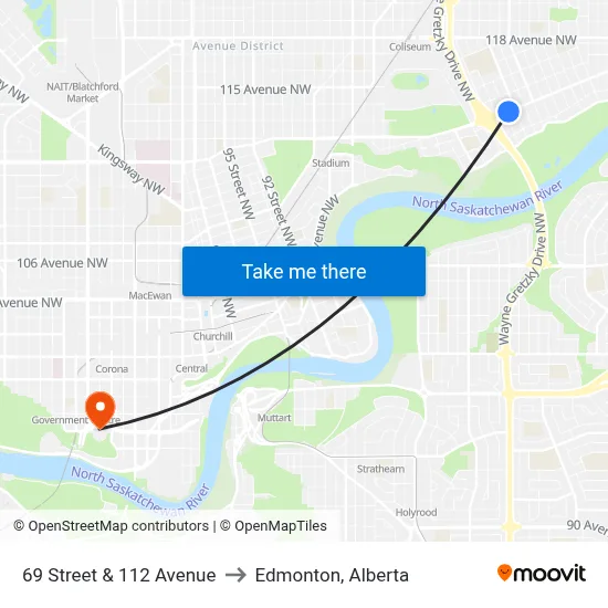 69 Street & 112 Avenue to Edmonton, Alberta map